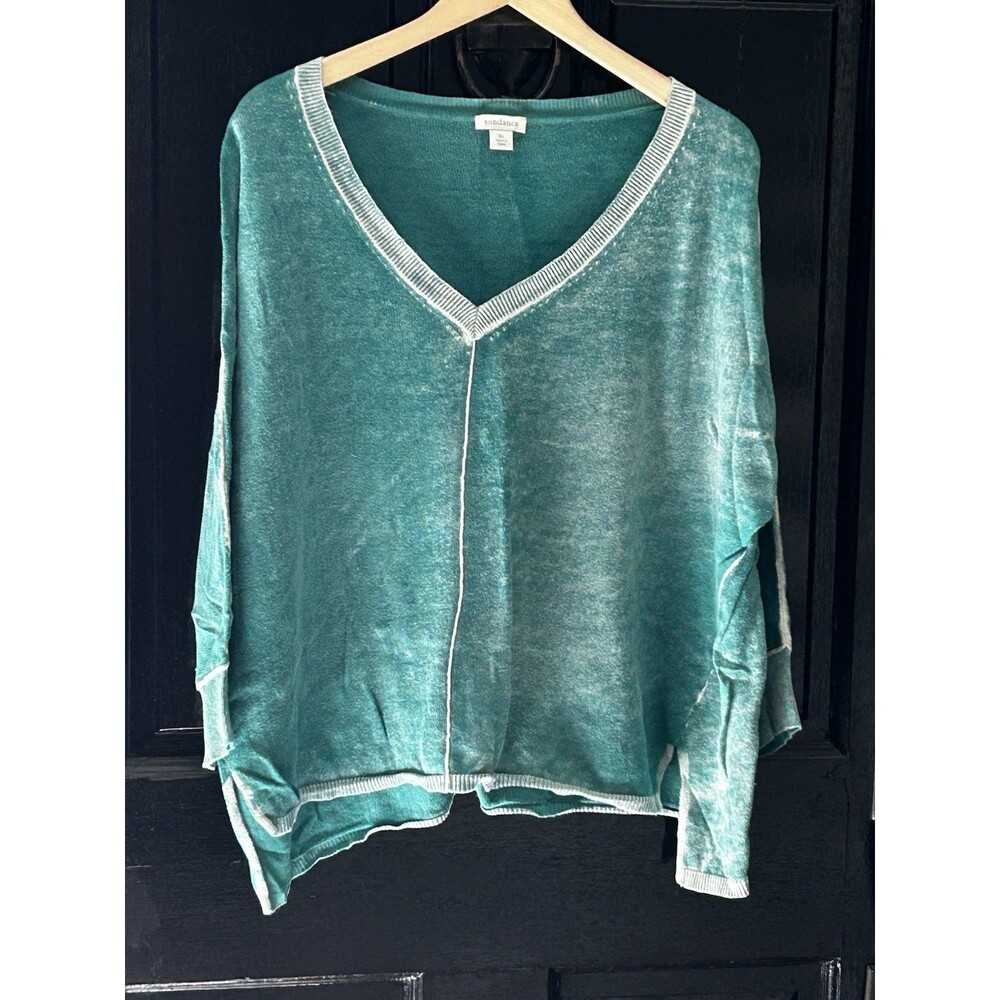 Sundance Samantha V-Neck Sweater Blue Size XL Lightweight 100% Cotton Boxy
